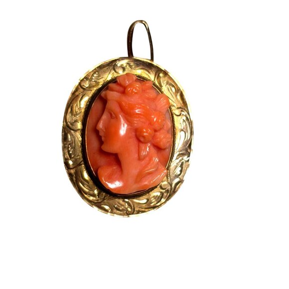 N/A Jewelry - Antique 14K Gold Coral Cameo Pendant High Relief Hand-Carved Female Figure